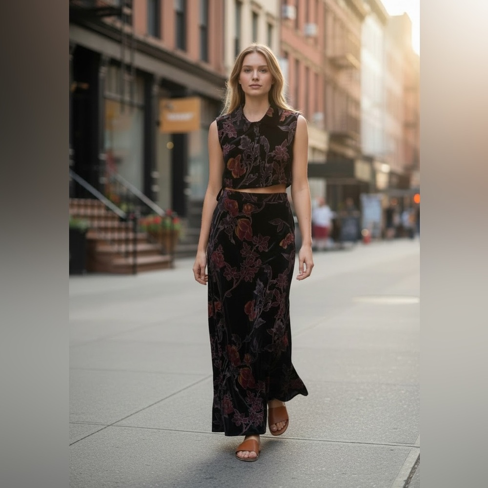 Gypsy Velvet Burnout Floral Sheer Top Lined Skirt Set Size M-L Burgundy New